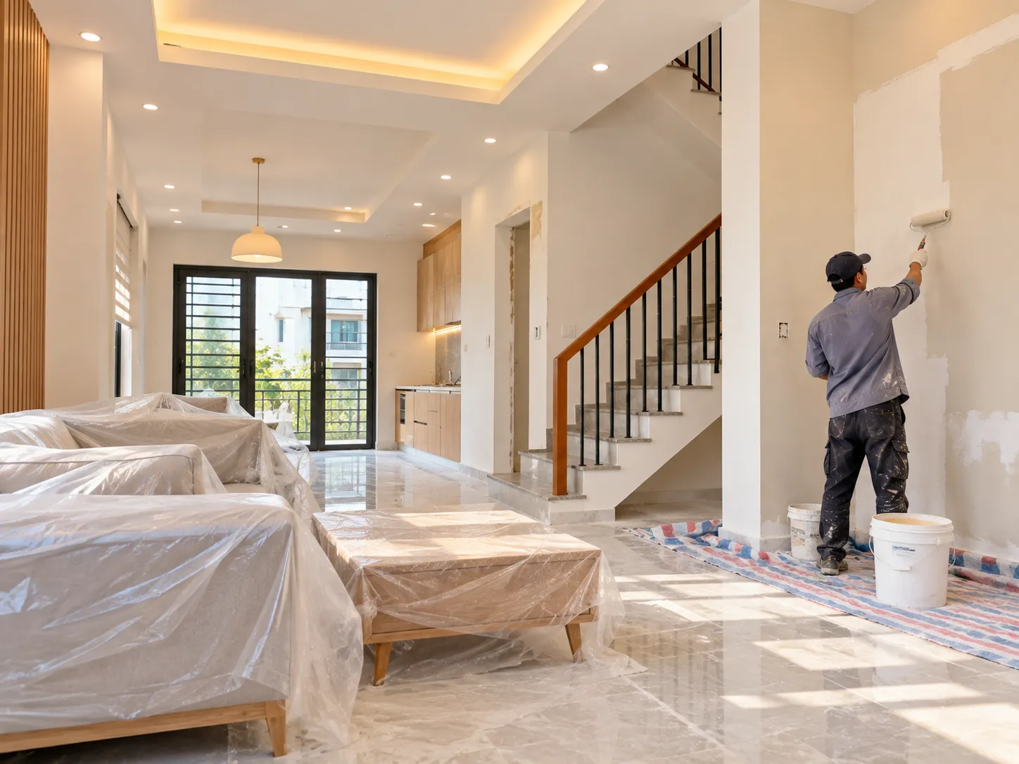 Phòng khách được sơn mới kết hợp cải tạo